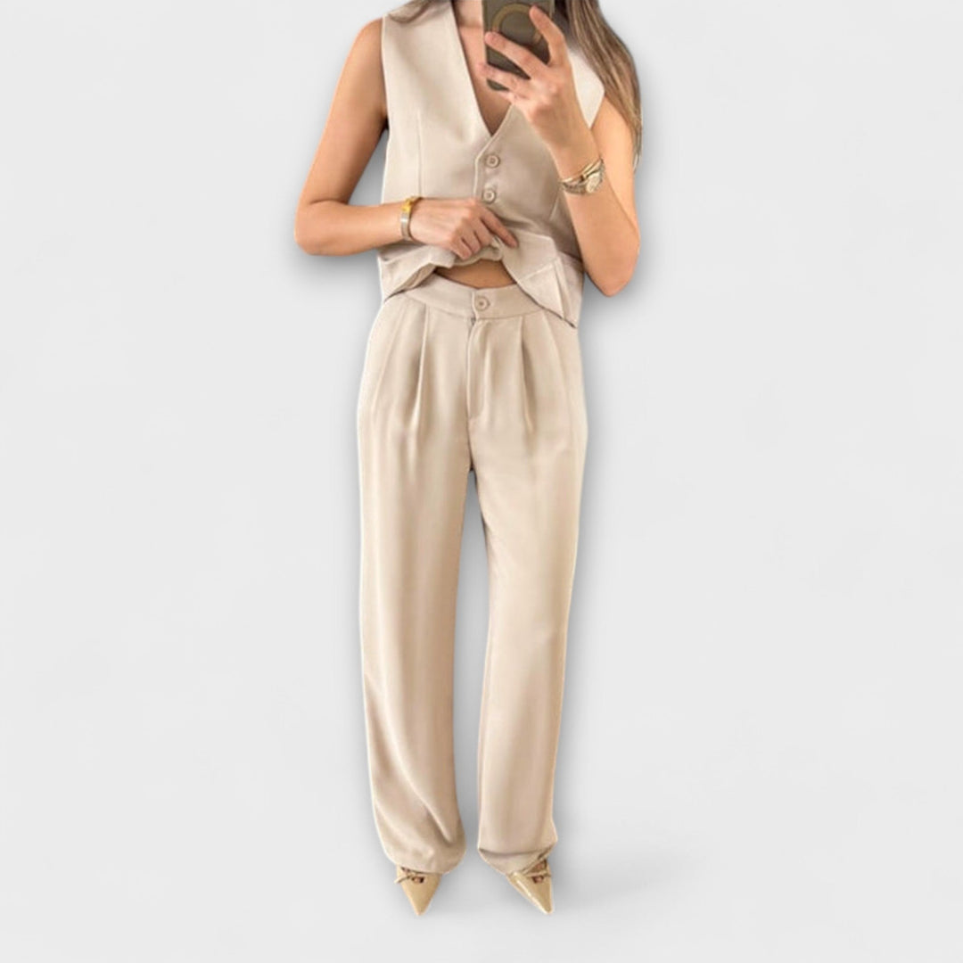 Hazel - Stylish Solid Color V-Neck Vest and Pants Two-Piece Set