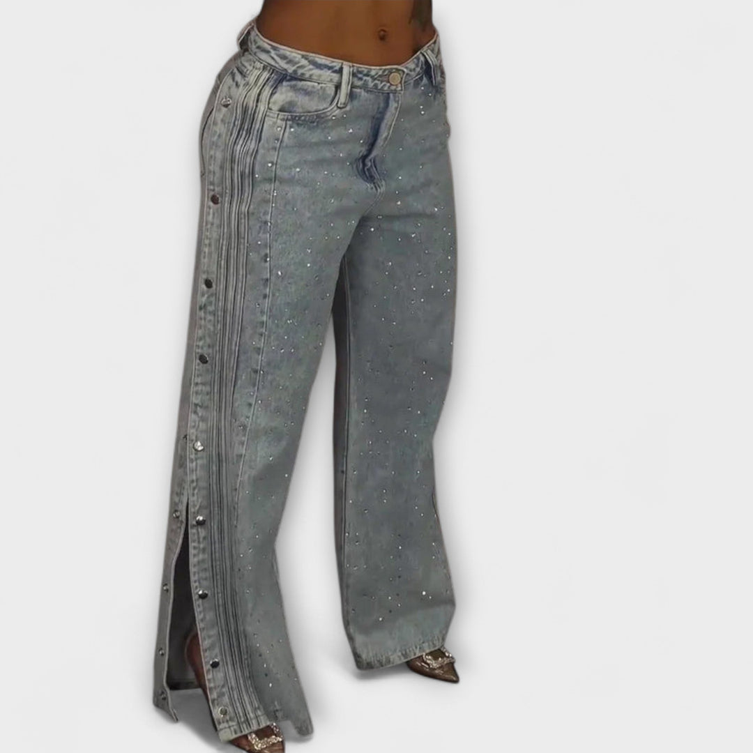 Nola - High-Waisted Jeans with Rhinestone Embellishments and Side Buttons