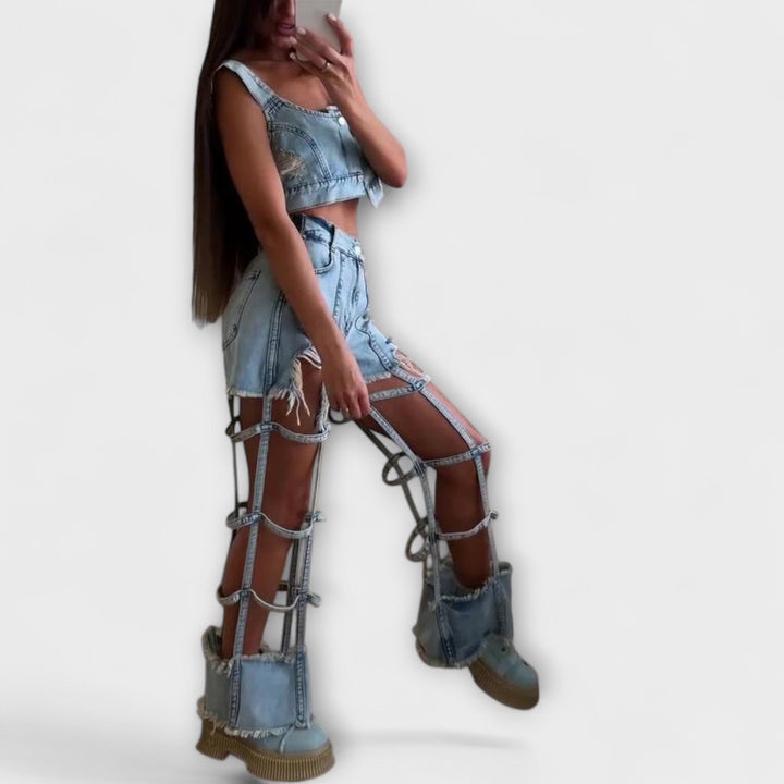 Gaia - Stylish light blue denim crop top with strap details and ripped shorts set