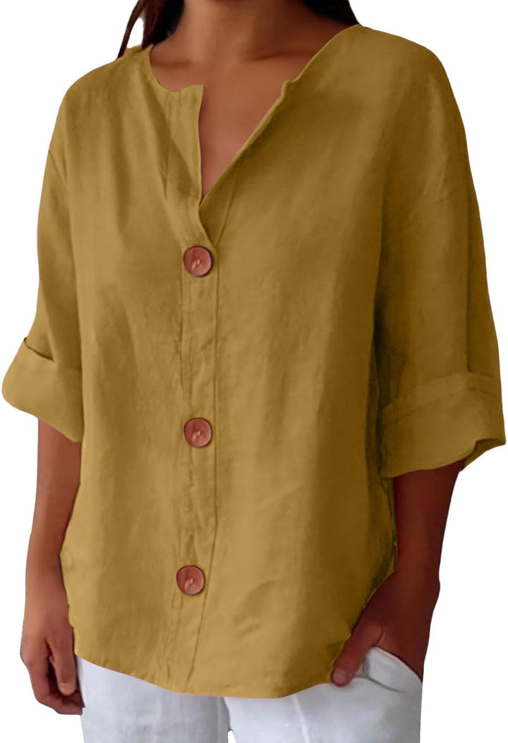 Elspeth | Cotton Linen V Neck Shirt