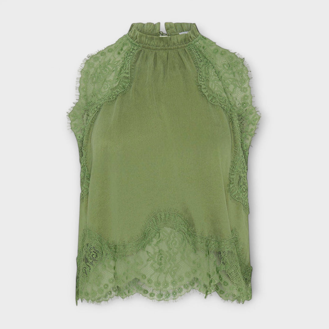 Kaia - Satin Blouse with Lace Trim and Pleated Neckline Set