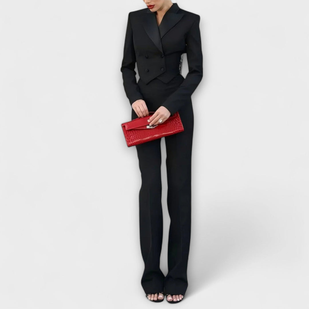 Noa - Black Pearl-Embellished Backless Short Blazer Set