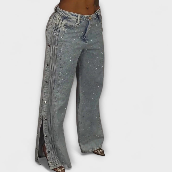 Nola - High-Waisted Jeans with Rhinestone Embellishments and Side Buttons