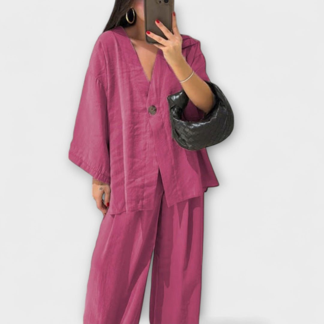 Jacqueline - Casual V-Neck Top and Pants Duo