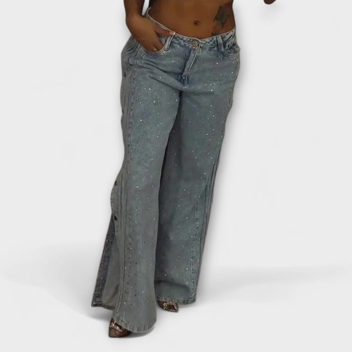 Nola - High-Waisted Jeans with Rhinestone Embellishments and Side Buttons