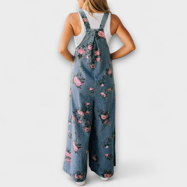 Bethany - Floral Pattern Wide Denim Overalls