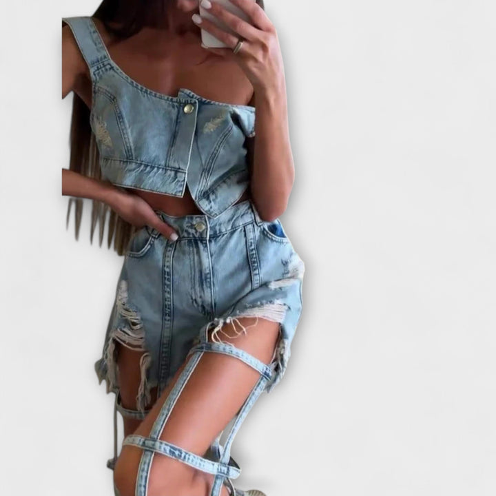 Gaia - Stylish light blue denim crop top with strap details and ripped shorts set
