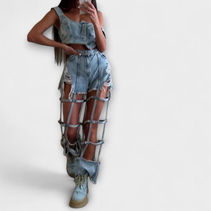 Gaia - Stylish light blue denim crop top with strap details and ripped shorts set